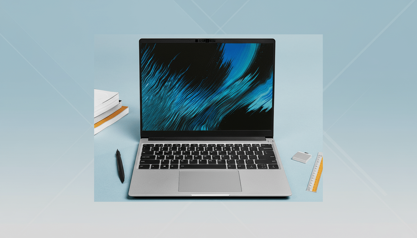 A silver laptop with a blue and black abstract wallpaper on its screen, placed on a light blue surface with a pen, books, and a ruler nearby. The image has been resized to a 16:9 aspect ratio with a professional flat design background featuring soft patterns.