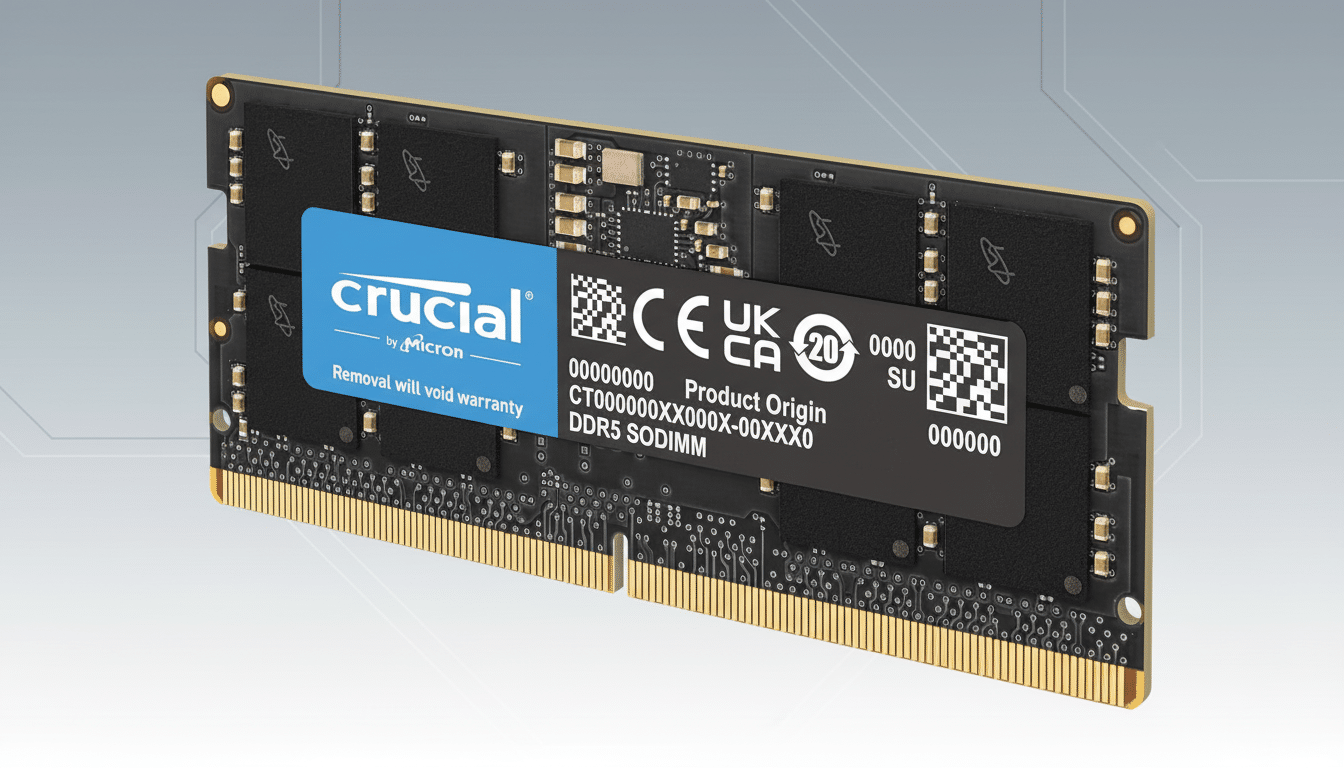 A Crucial DDR5 SODIMM memory module with a black PCB and a blue label, set against a professional flat gray background with subtle geometric patterns.