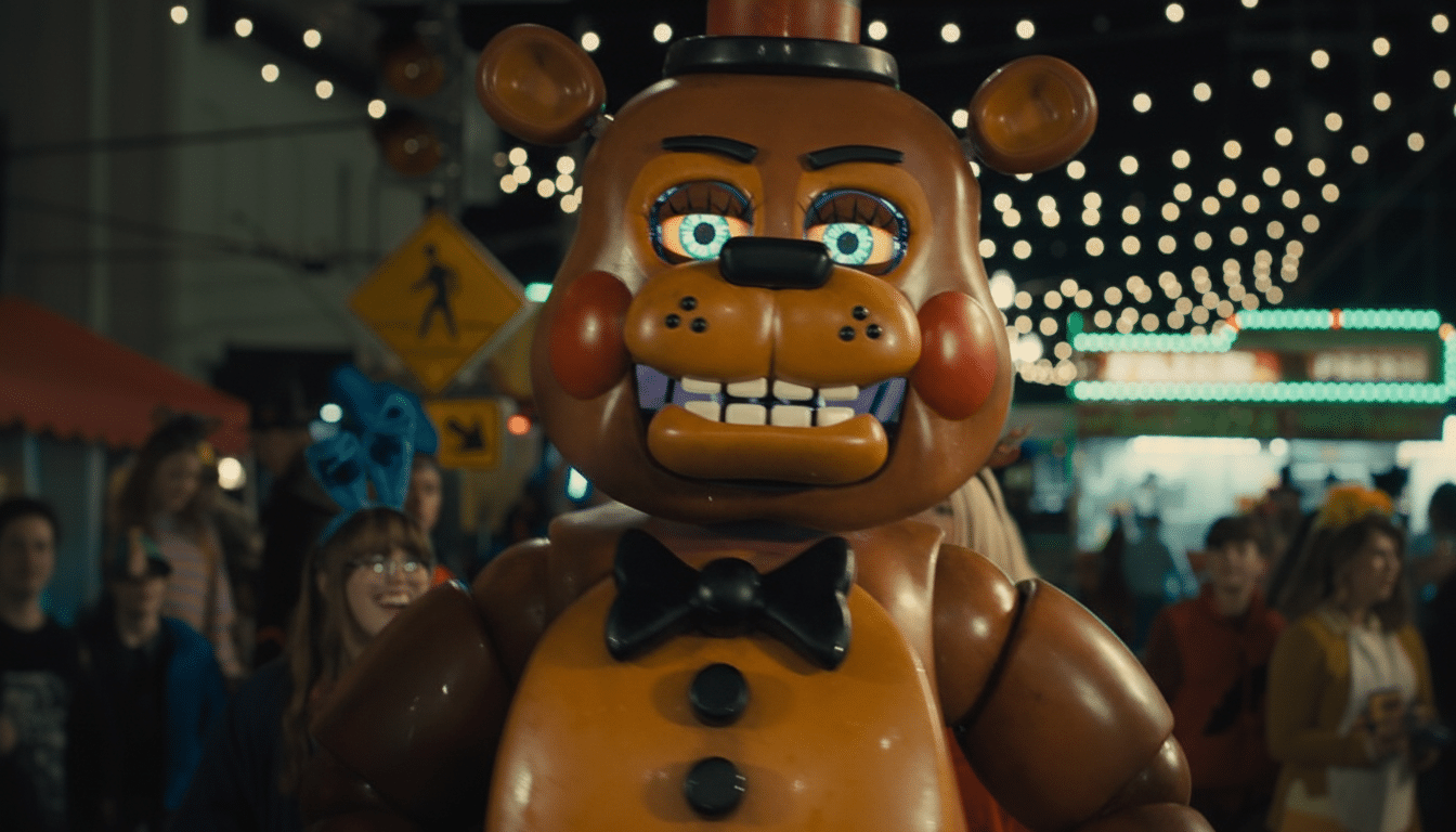 A close-up, 16:9 aspect ratio image of a Freddy Fazbear animatronic from Five Nights at Freddys, with glowing blue eyes and a wide smile, standing in a crowded, dimly lit carnival or fairground.