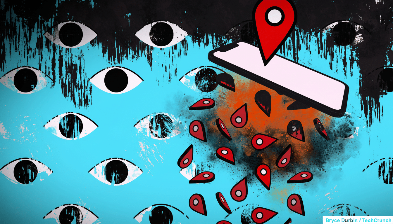 An illustration depicting a smartphone with a red location pin above it, surrounded by numerous eyes on a blue and black background, with red teardrop shapes emanating from the phone.