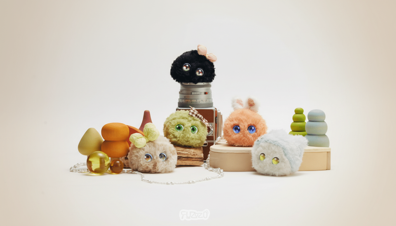 A professional 16:9 aspect ratio image featuring four fluffy, round plush toys with large eyes, arranged around a vintage camera and wooden decorative objects on a clean, light background.