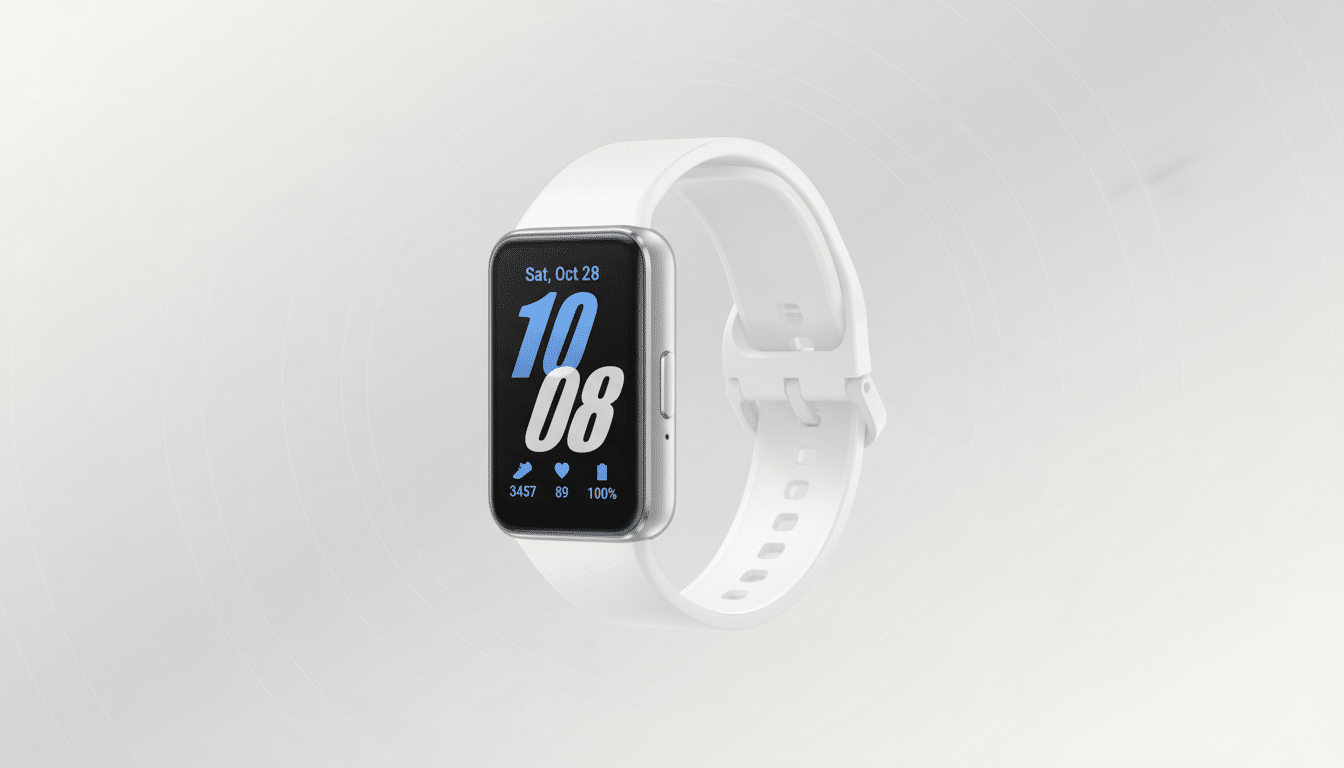 A white smartwatch with a rectangular screen displaying the time, date, and fitness metrics, set against a professional light gray background with subtle circular patterns.