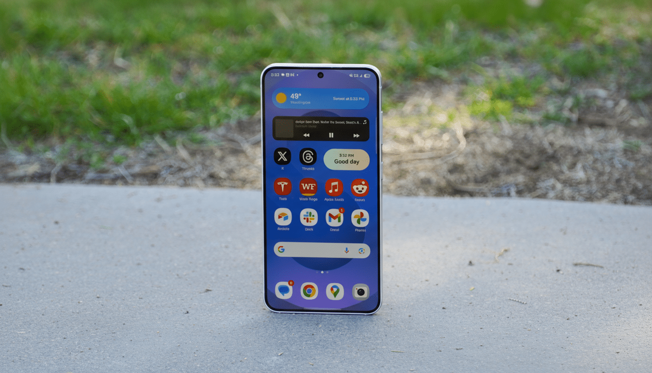 A smartphone displaying its home screen with various app icons and widgets, set against a blurred outdoor background of grass and concrete.