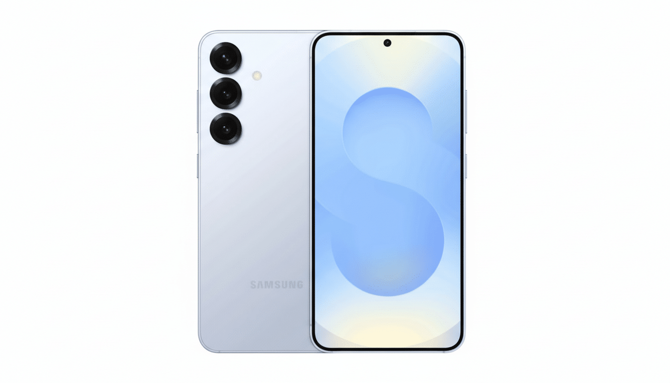 A light purple Samsung smartphone is displayed against a clean white background. The phone is shown from the back, revealing three camera lenses, and from the front, displaying a light blue and yellow gradient screen with a circular pattern.