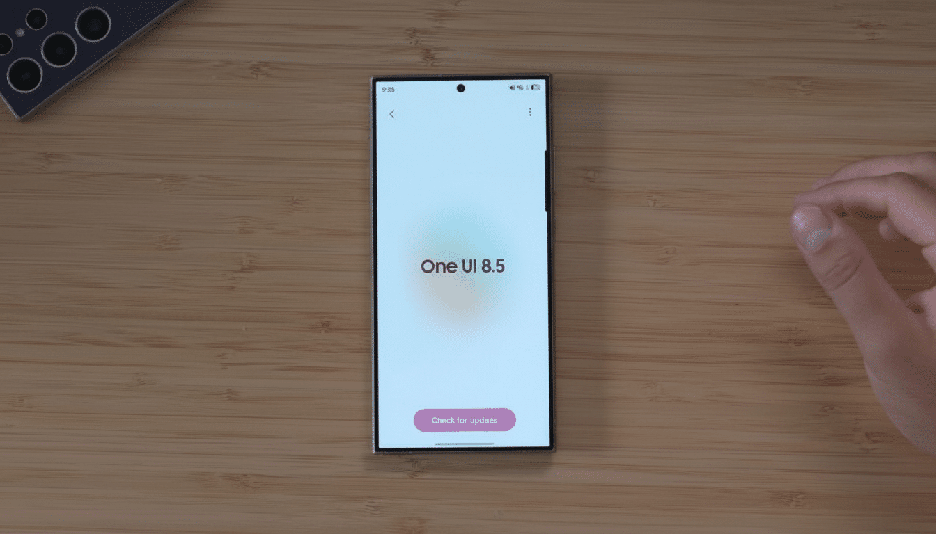 A smartphone displaying One UI 8.5 on its screen, with a hand partially visible on the right, set against a wooden table background.