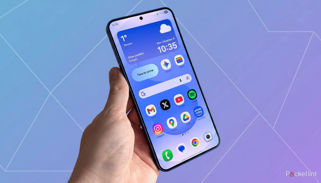 A hand holding a smartphone displaying a home screen with various app icons and widgets, resized to a 16:9 aspect ratio with a professional, soft gradient background.