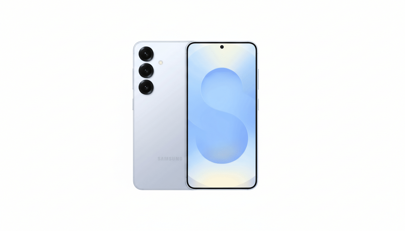 A light purple Samsung smartphone is displayed against a clean white background. The phone is shown from the front and back, with the screen displaying a soft blue and white gradient design.