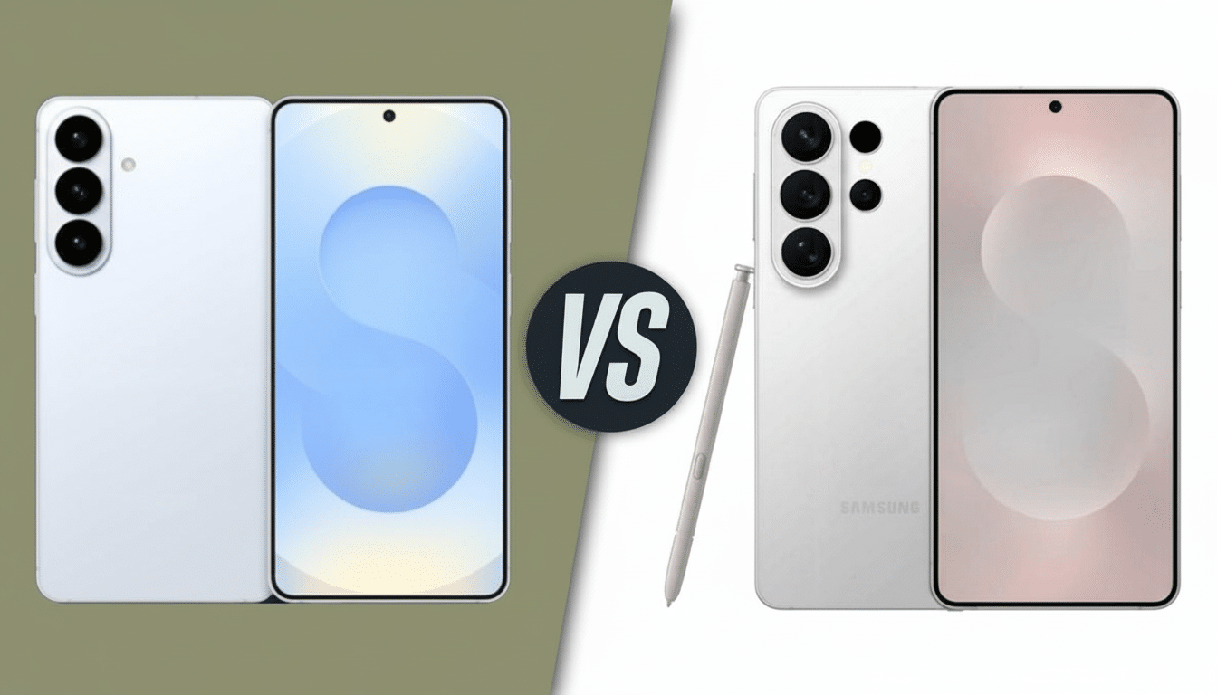 Two white smartphones are shown side-by-side, with a VS logo in the center. The phone on the left has three camera lenses vertically aligned on the back and a blue-toned screen. The phone on the right also has three camera lenses, a stylus, and a pink-toned screen.