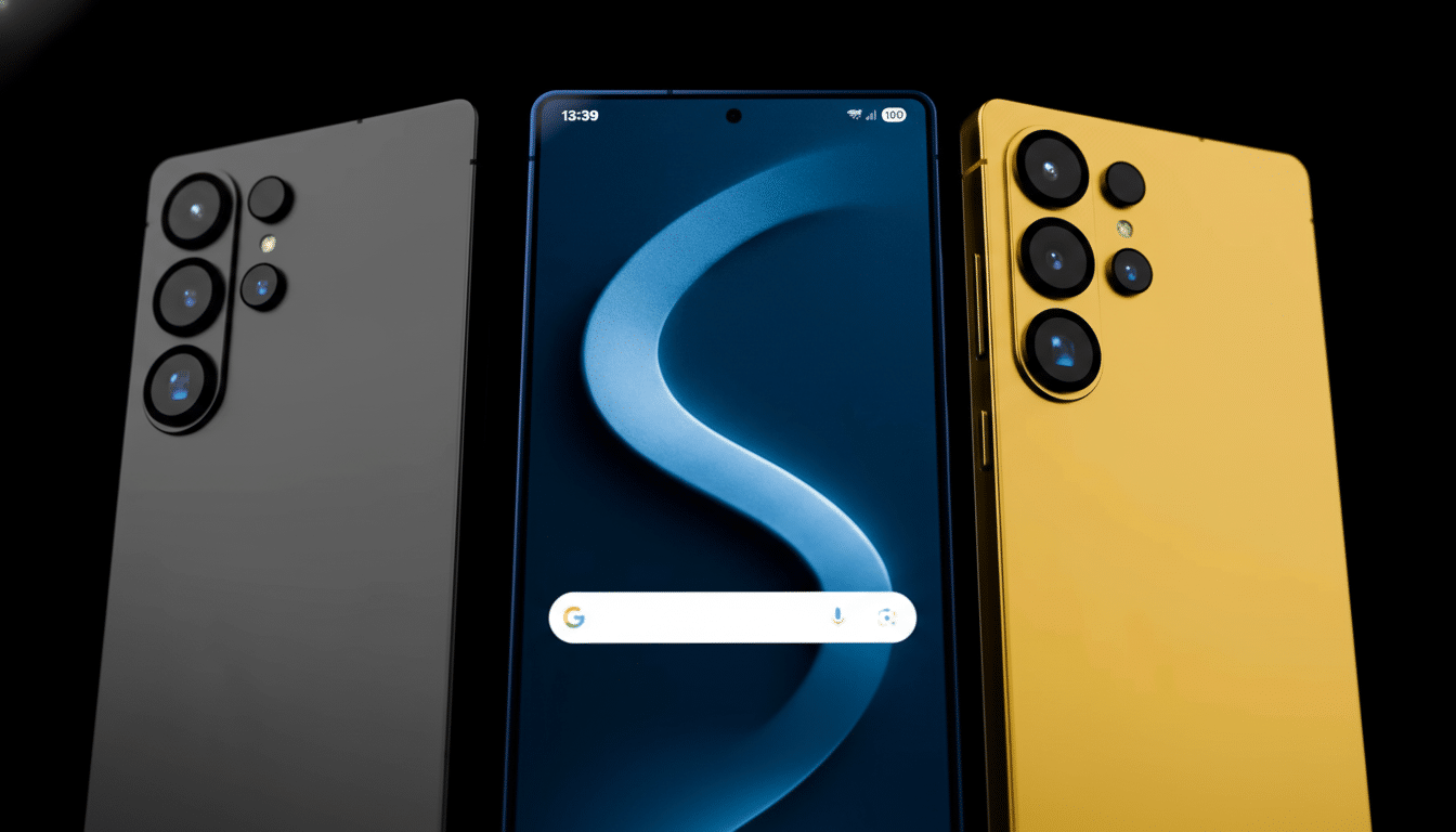 A professional image of three smartphones, one black, one blue, and one gold, presented in a 16:9 aspect ratio.