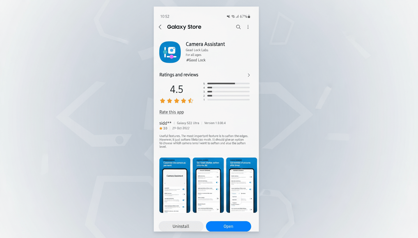 A screenshot of the Galaxy Store app page for Camera Assistant by Good Lock Labs, displayed in a 16:9 aspect ratio with a professional flat design background featuring soft patterns. The apps details, ratings, and screenshots are clearly visible.