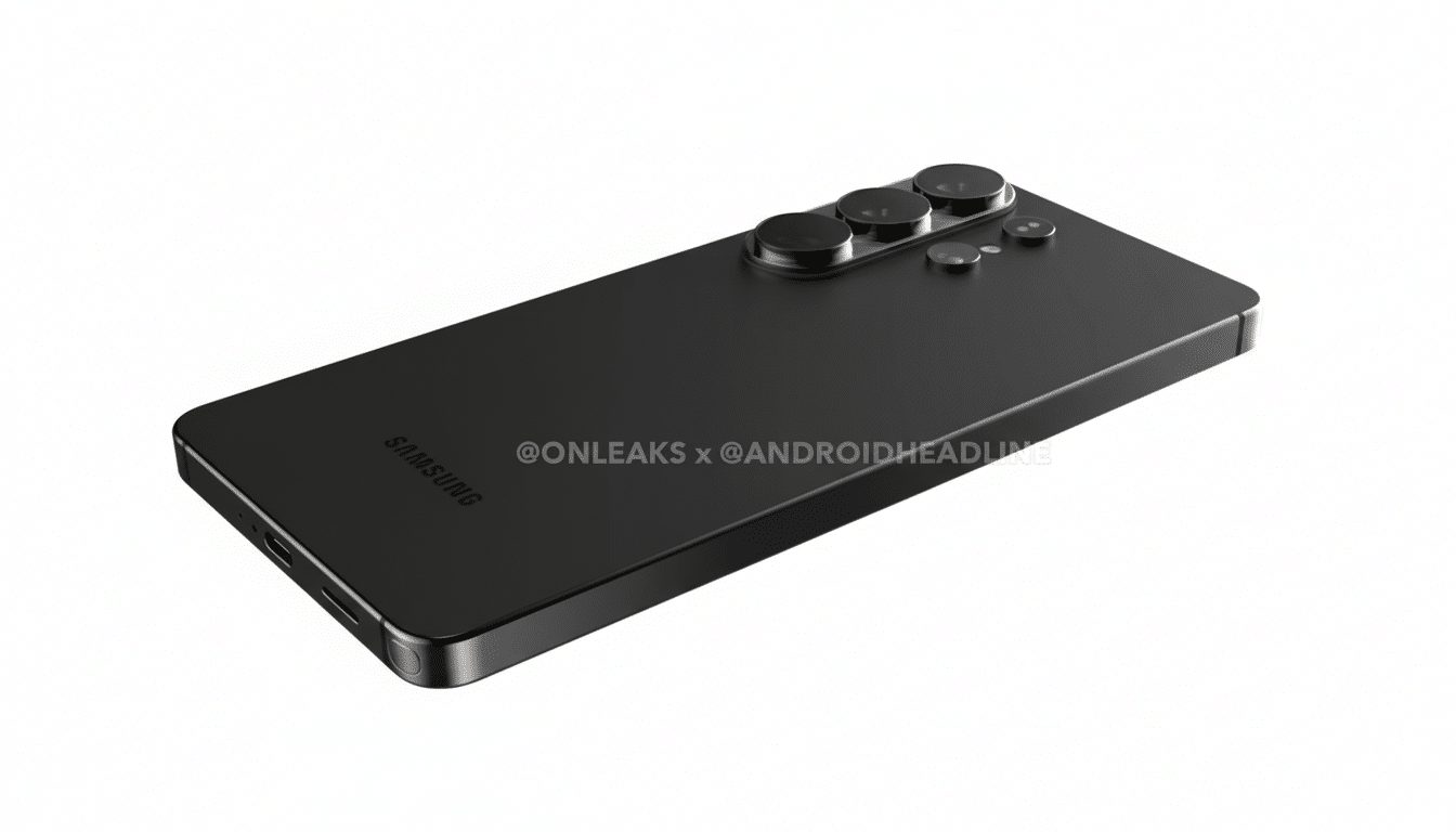 A black Samsung smartphone with three prominent camera lenses on the back, presented on a clean white background.