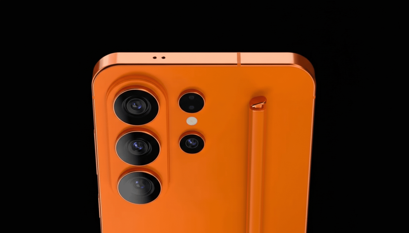 A close-up, professional shot of the top portion of an orange smartphone, featuring a triple camera system and a stylus slot, set against a solid black background.