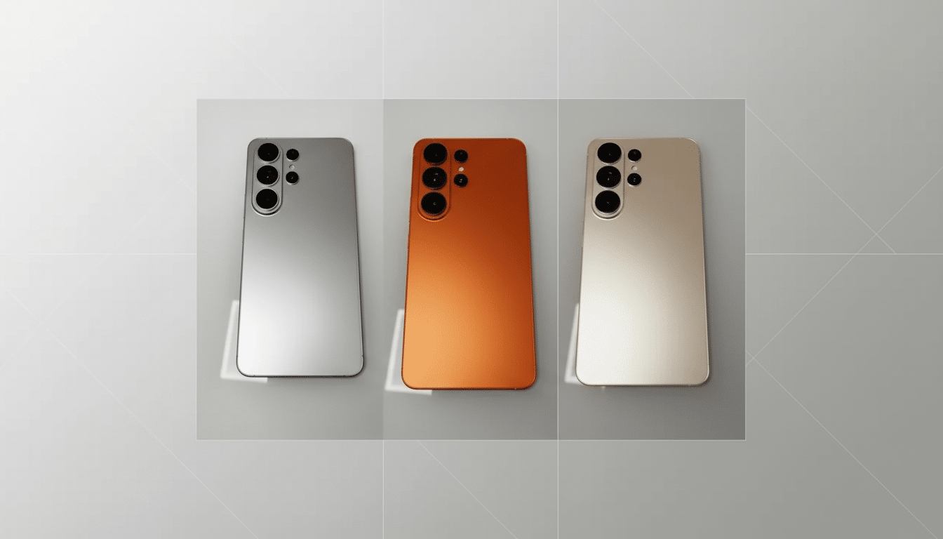 Three smartphones in silver, orange, and gold colors, arranged side-by-side on a professional flat gray background with subtle geometric patterns.
