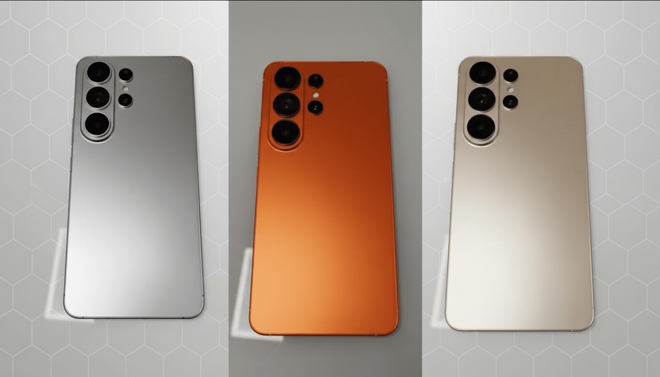 Three smartphones in silver, orange, and gold colors, each with a triple camera setup, presented on a professional flat design background with soft geometric patterns.