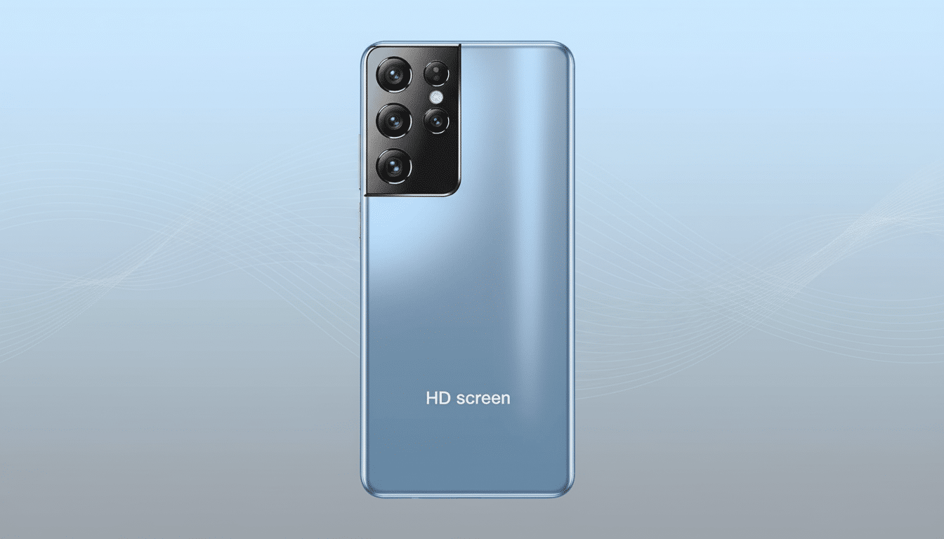 A light blue smartphone with a black camera module on the back, featuring multiple lenses, is centered against a professional light blue background with subtle wave patterns.