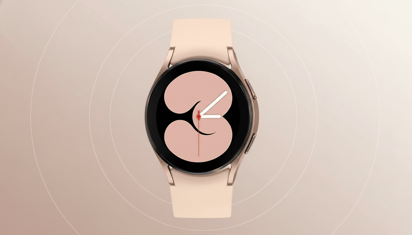 A Samsung Galaxy Watch 4 with a rose gold case and a light pink band, displayed on a professional flat design background with soft, concentric circle patterns in shades of light pink and beige.