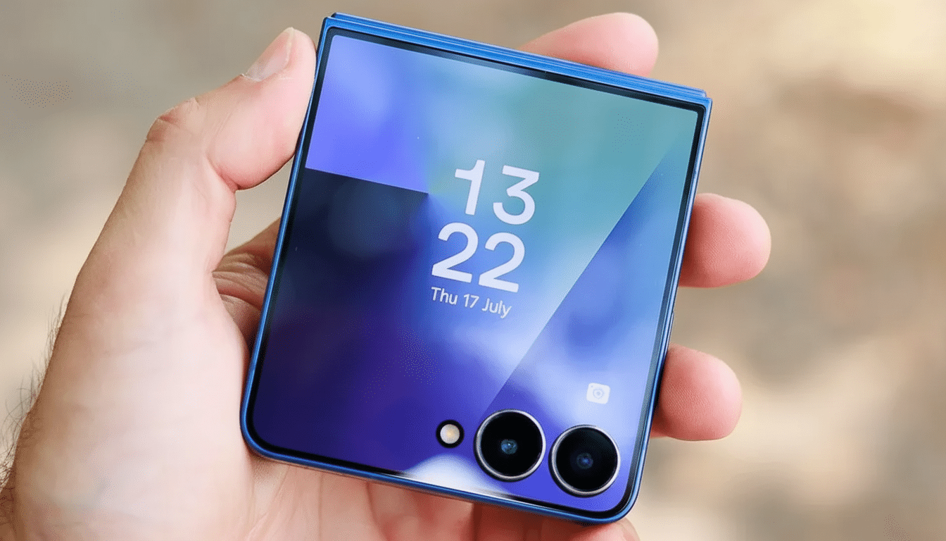 A hand holding a blue foldable smartphone, displaying the time 13:22 and date Thursday, July 17th on its screen.
