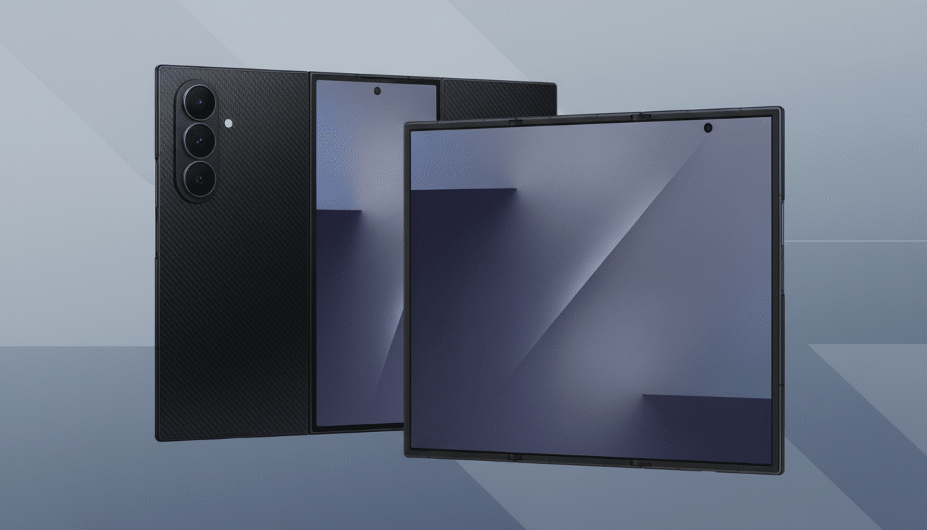 A black foldable smartphone, partially open, with a textured back and a triple camera array, presented against a professional flat design background with soft blue-grey gradients and subtle geometric patterns.