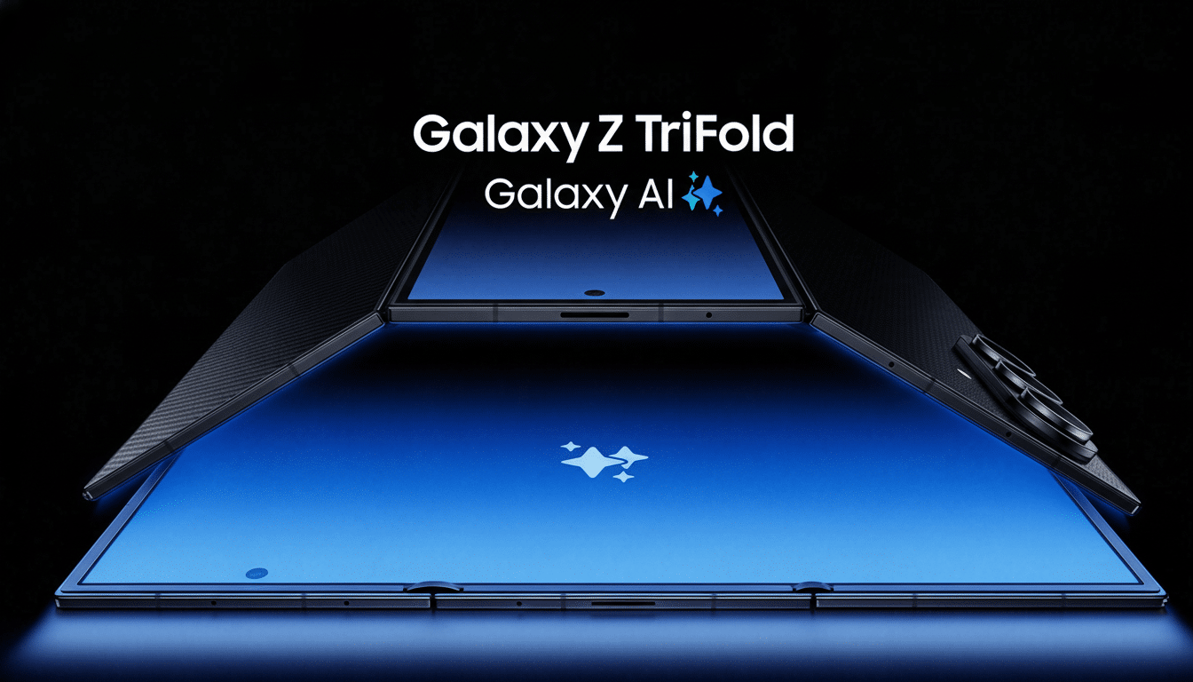 A Samsung Galaxy Z TriFold phone with a blue screen displaying the Galaxy AI logo, set against a dark background.