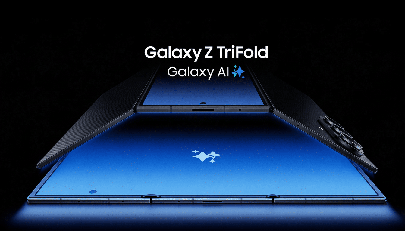 A Samsung Galaxy Z TriFold phone with a blue screen displaying the Galaxy AI logo, set against a dark background.