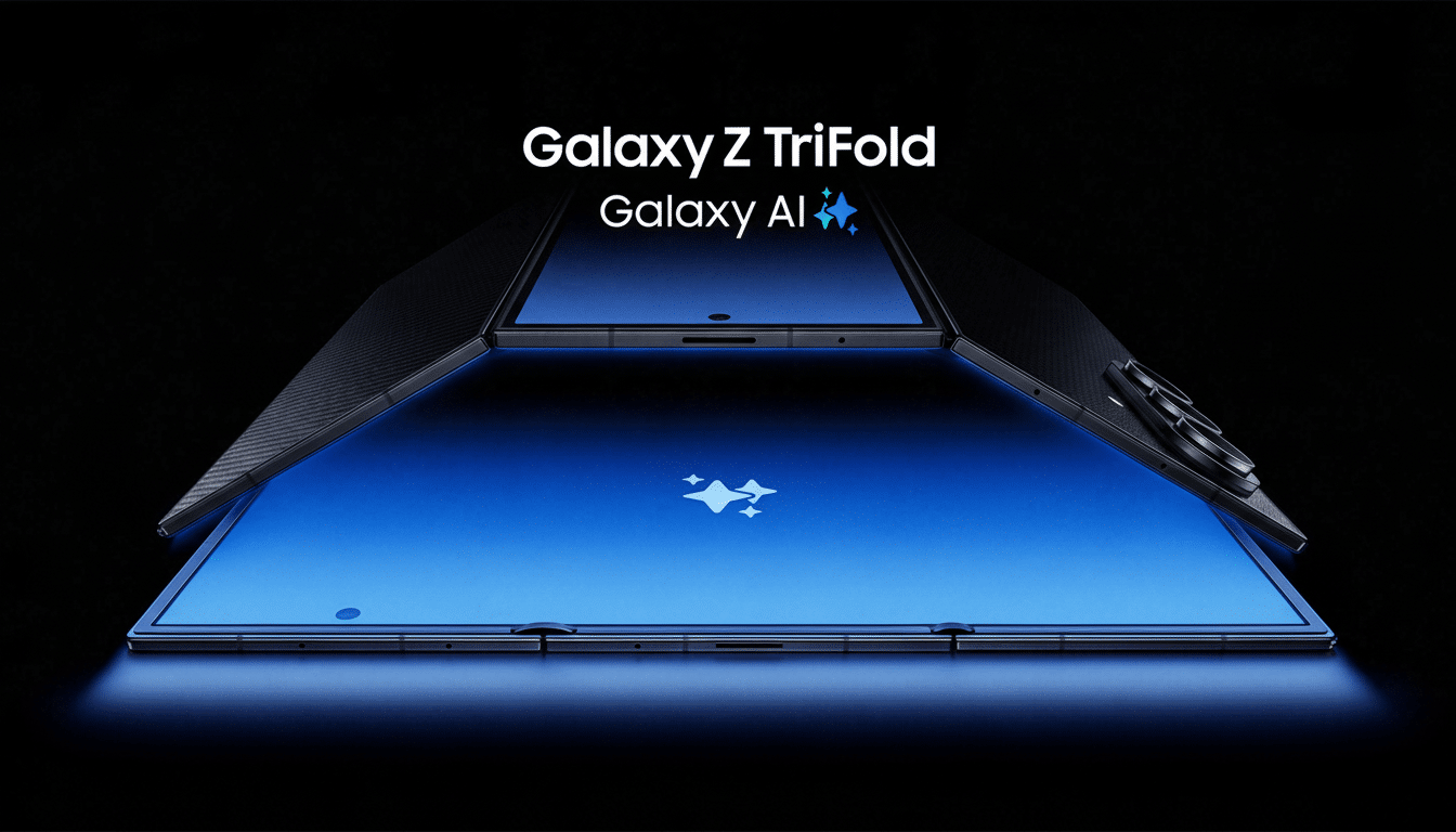 A dark, professional image showcasing the Samsung Galaxy Z TriFold phone, partially open to reveal a blue screen with a sparkling icon, against a black background.