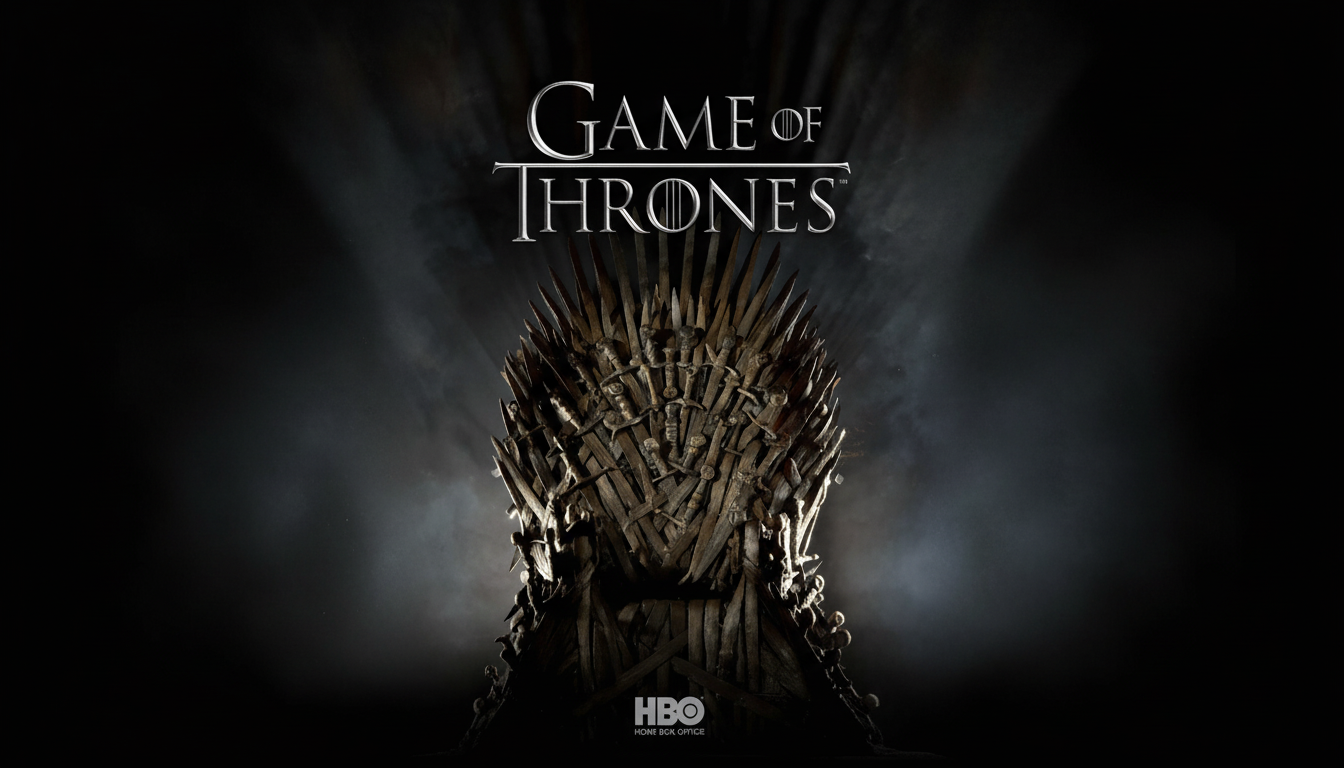 The iconic Iron Throne from Game of Thrones, made of swords, under the shows title and HBO logo, resized to a 16:9 aspect ratio.