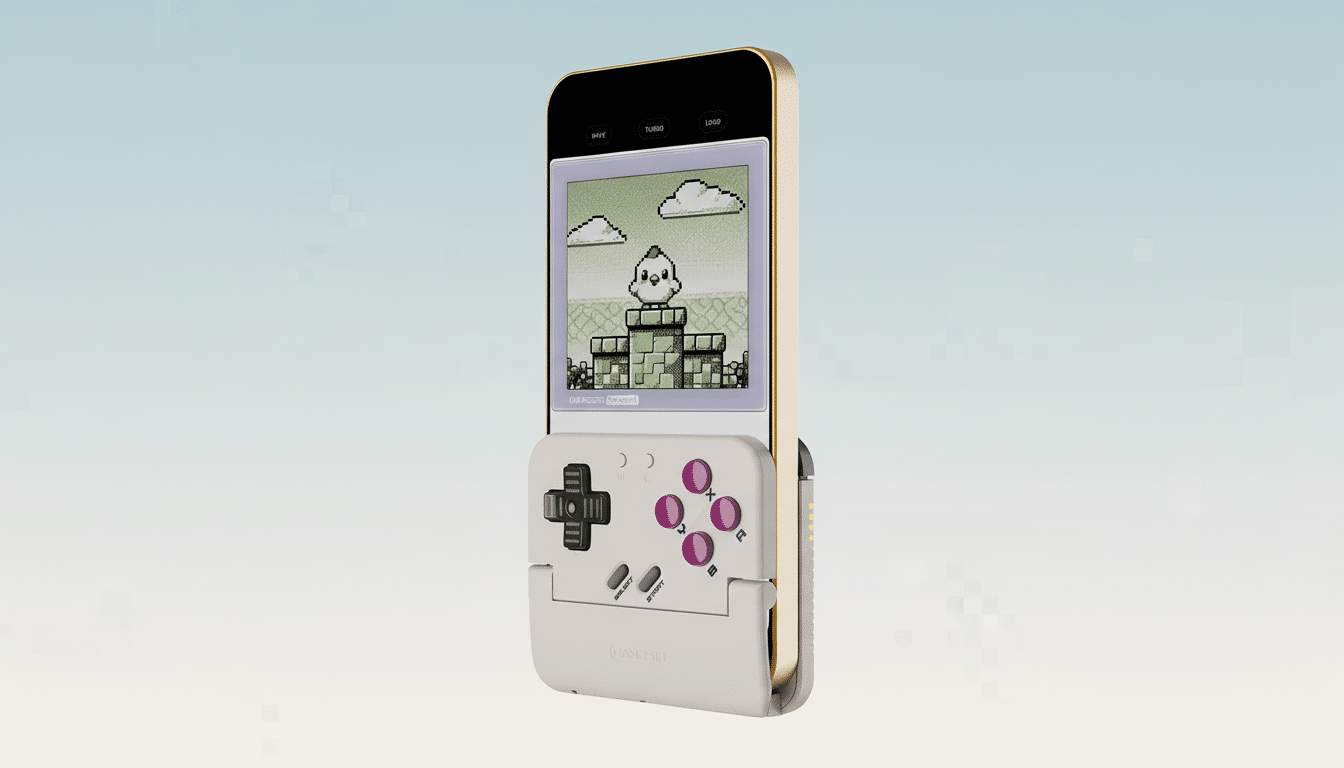 A gold smartphone with a retro gaming attachment, displaying a pixelated game with a bird character, set against a soft blue and white gradient background.