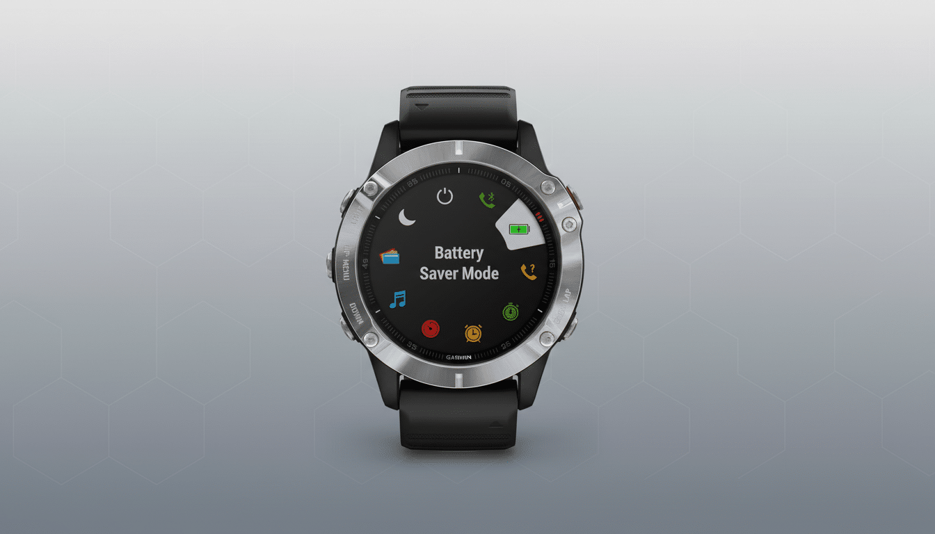 A Garmin smartwatch displaying Battery Saver Mode on its screen, set against a professional flat gray background with a subtle hexagonal pattern.
