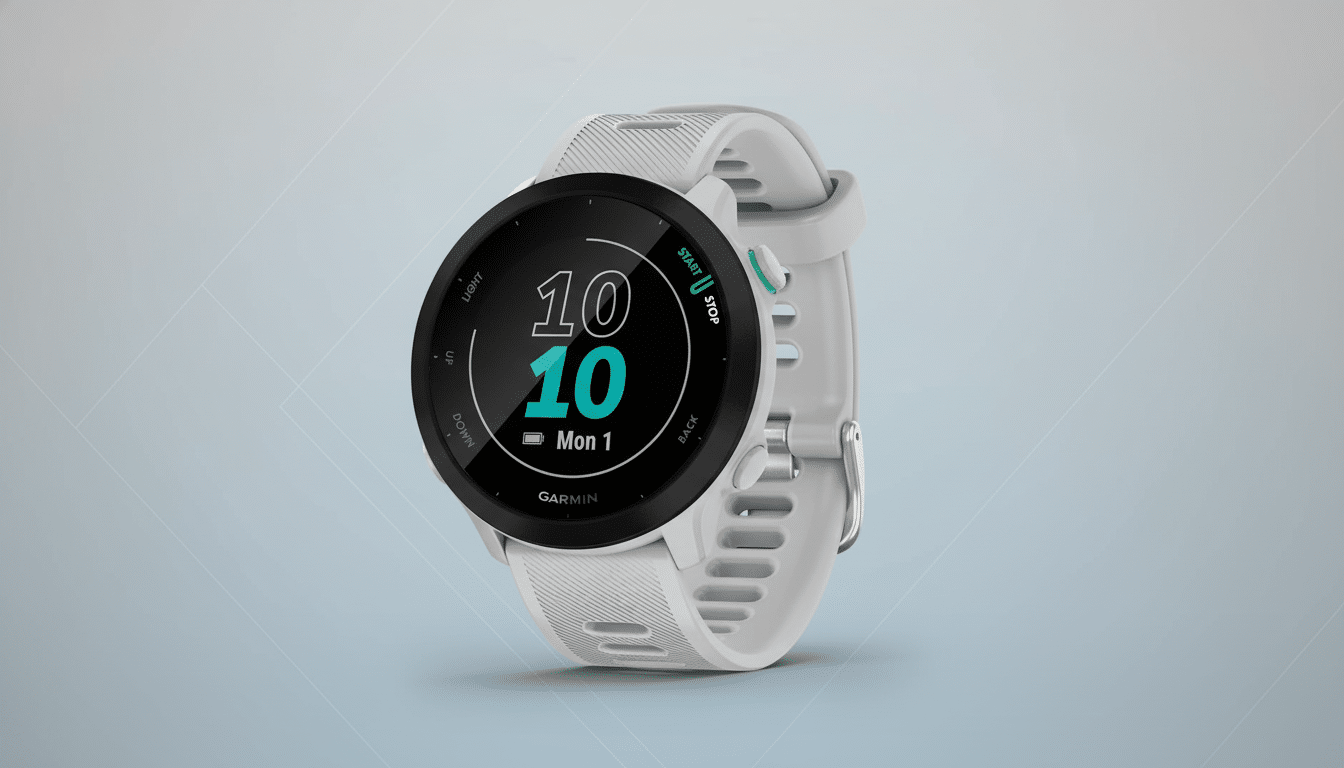 A white Garmin smartwatch with a black face displaying 10 10 Mon 1 on a light blue gradient background.