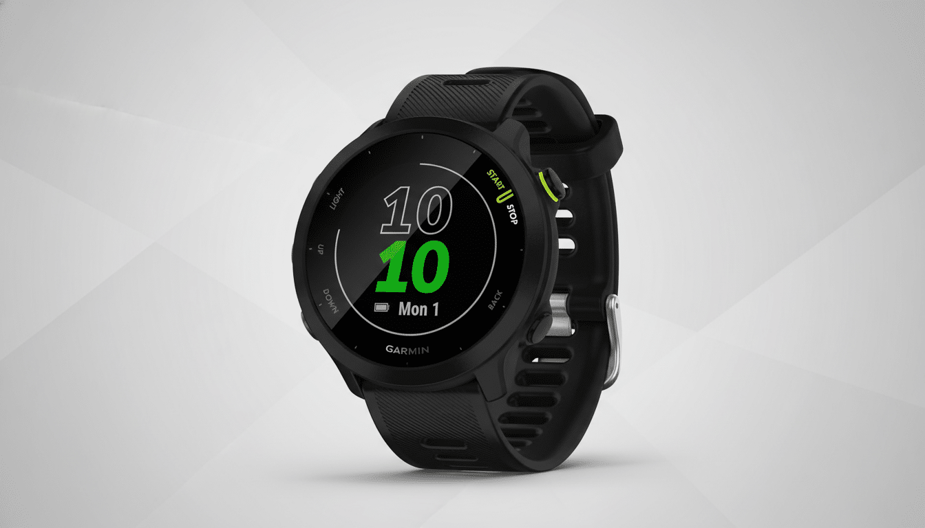 A black Garmin smartwatch with a digital display showing 10 10 Mon 1 in white and green, presented on a professional flat design background with soft patterns and gradients.