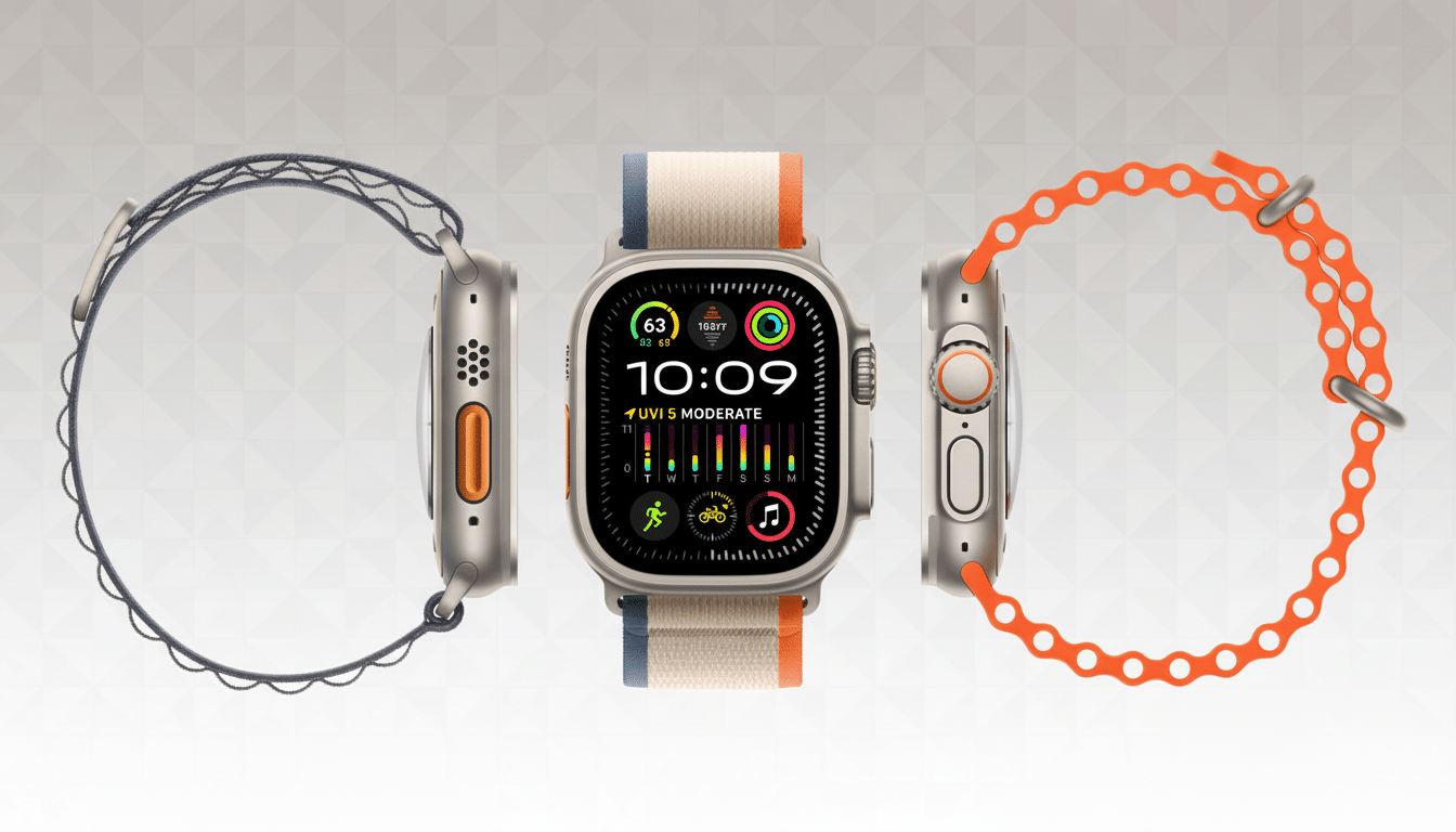A professional image of three Apple Watch Ultra models displayed side-by-side on a subtle patterned gray background. The watches are shown from different angles, highlighting their design and various band options.