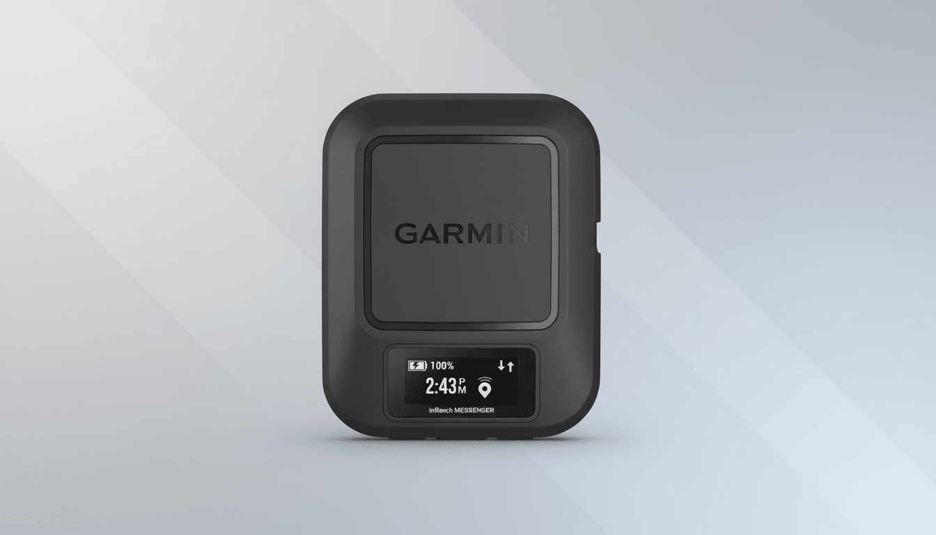A Garmin inReach Messenger device displayed on a professional flat design background with soft patterns.