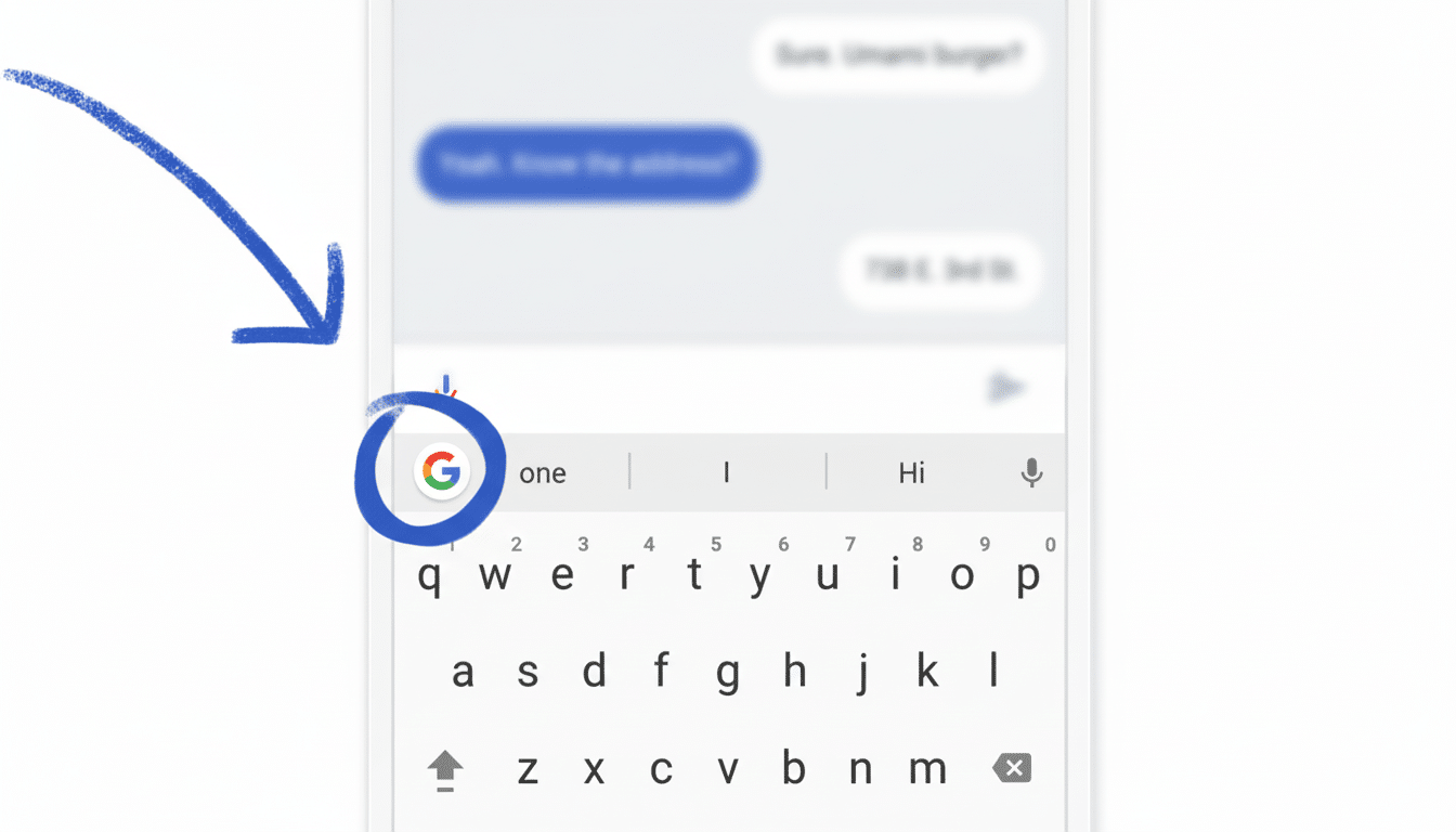 A smartphone screen showing a messaging app with a keyboard, and a blue arrow pointing to the Google G icon.