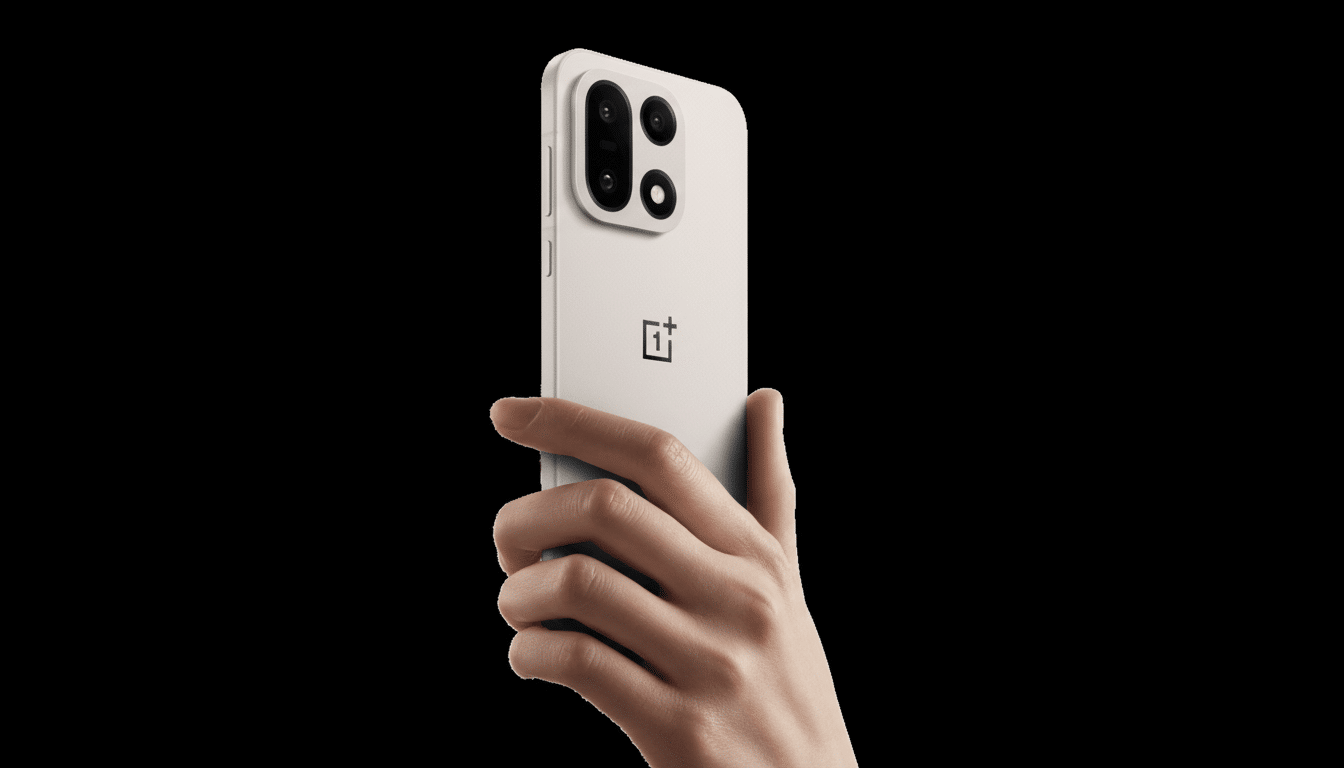 A hand holding a light-colored smartphone with a prominent camera module and the OnePlus logo on the back, presented against a black background.