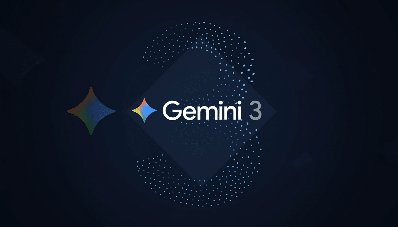 The Gemini 3 logo, featuring a colorful star icon and the text Gemini 3 in white, is centered on a dark blue background with subtle geometric patterns and a large number 3 formed by blue dots.