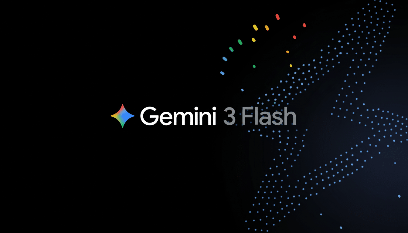 The Gemini 3 Flash logo on a black background with subtle blue dotted patterns and colorful dots.