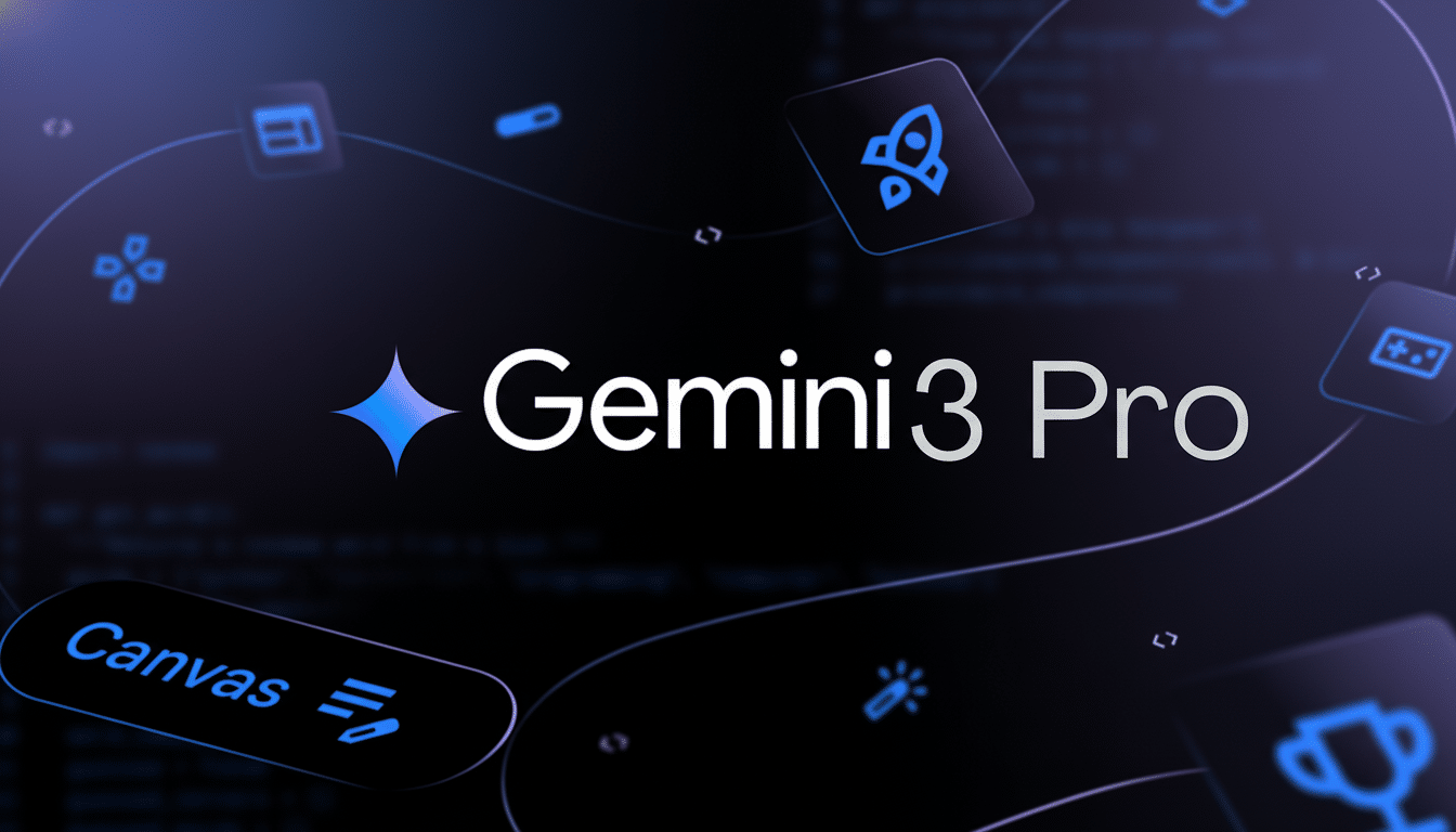 The Gemini 3 Pro logo with a sparkling star icon, set against a dark background with various abstract blue icons and code snippets.
