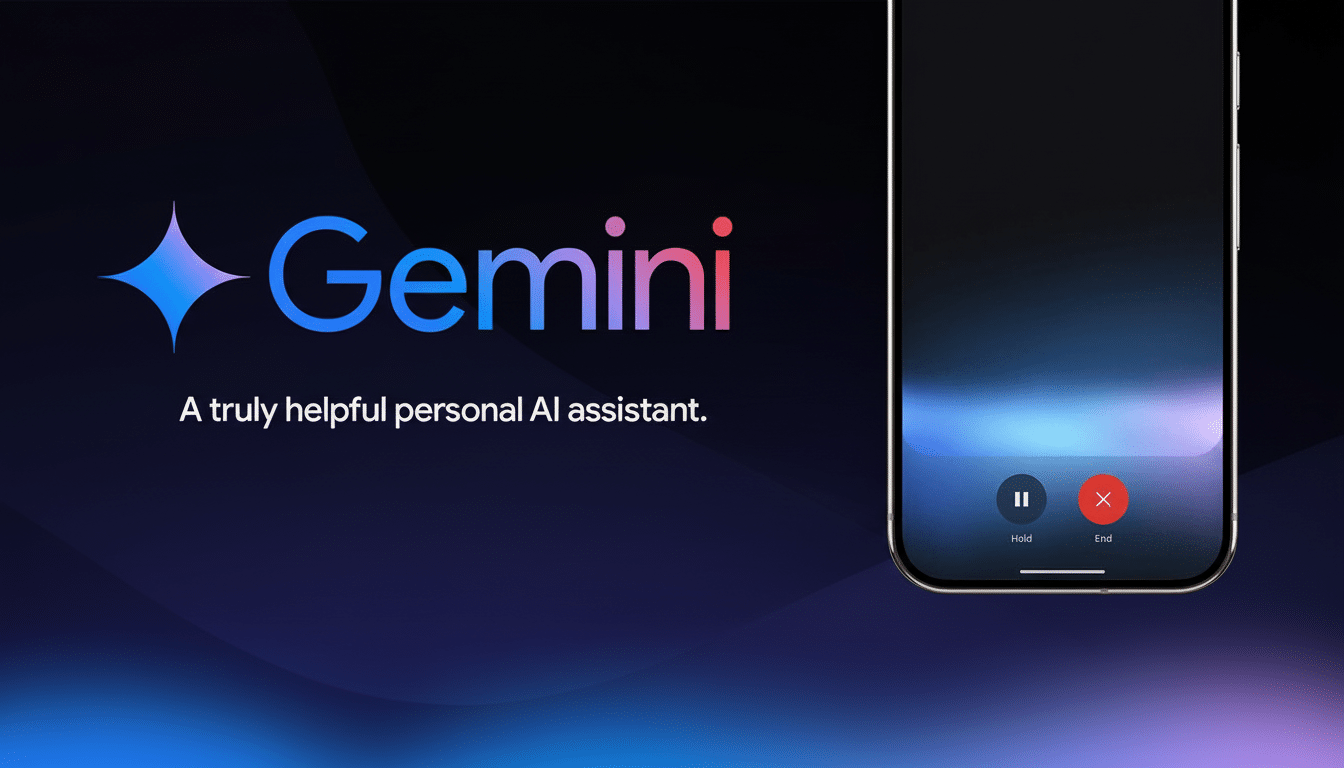 The Gemini logo and text A truly helpful personal AI assistant on a dark background with a smartphone displaying a call interface.