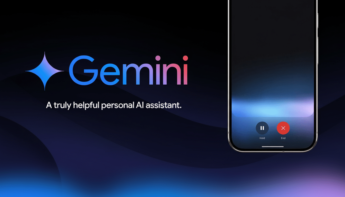 The Gemini logo and text A truly helpful personal AI assistant on a dark background with a smartphone displaying a call interface.