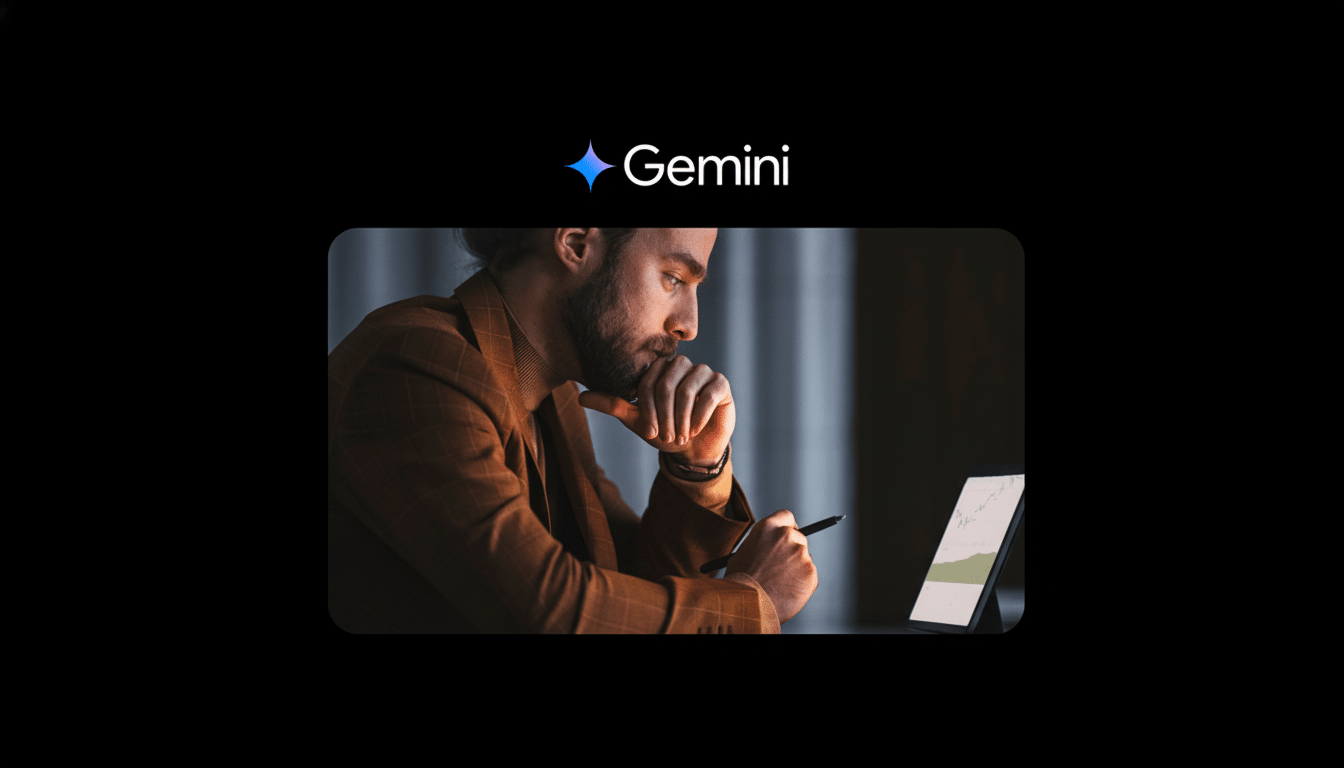 A man in a brown suit jacket with a beard, looking intently at a tablet displaying a graph, holding a stylus. The Gemini logo is at the top.