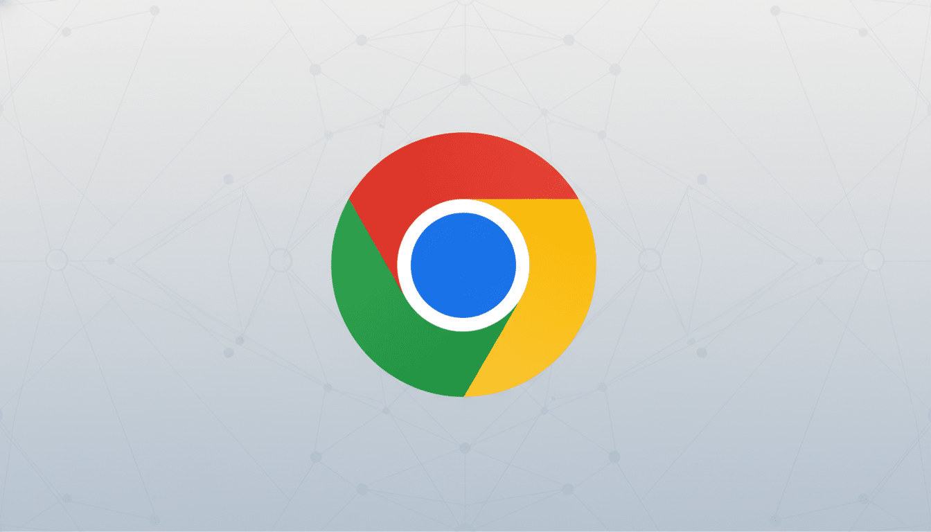 The Google Chrome logo, a red, yellow, and green circle with a blue dot in the center, set against a professional flat design background with soft patterns and gradients.