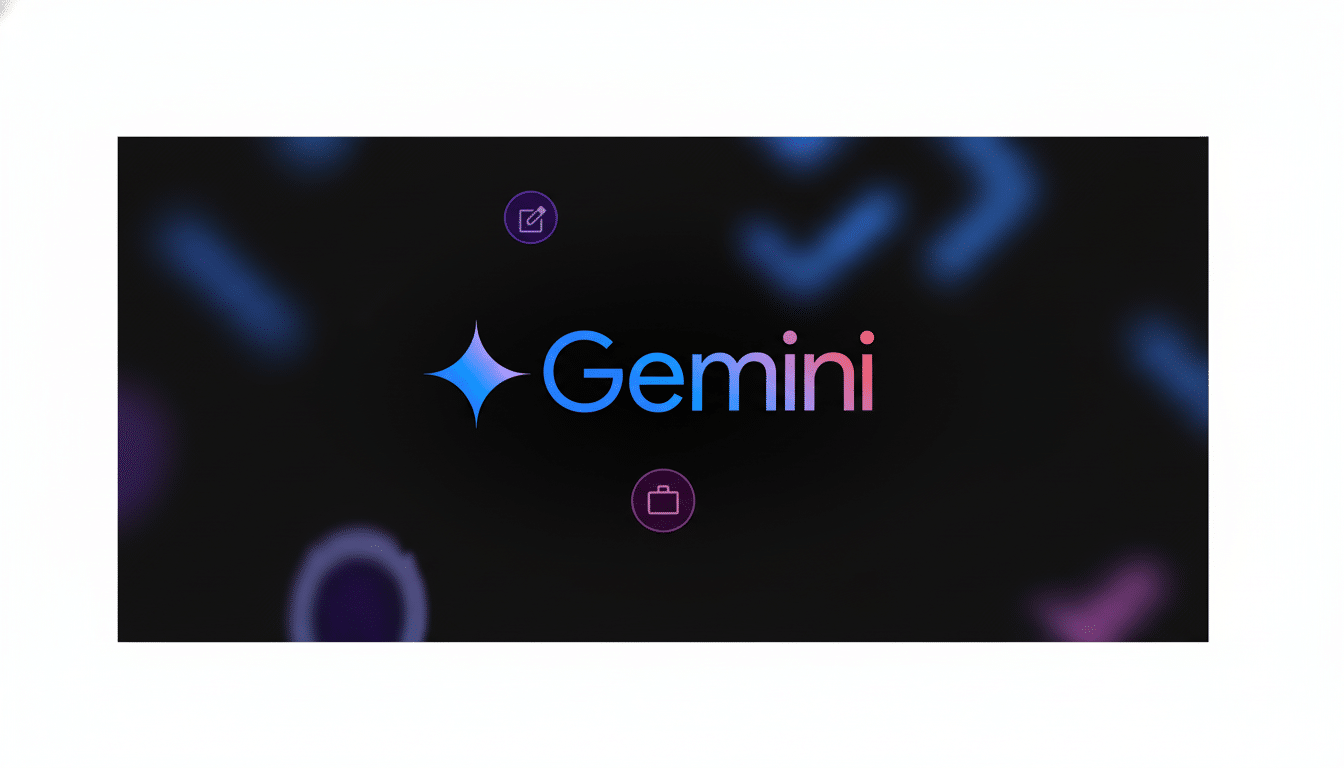 The Gemini logo, a stylized four-pointed star in blue and purple, next to the word Gemini in a blue-to-pink gradient, set against a dark background with subtle, blurred blue and purple shapes.