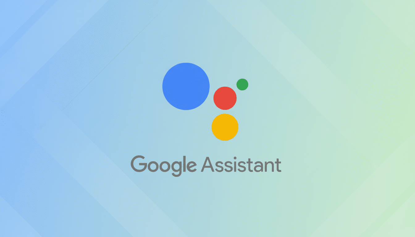 The Google Assistant logo, featuring four colored dots (blue, red, yellow, green) above the text Google Assistant, set against a professional flat design background with soft blue and green gradients and subtle geometric patterns.