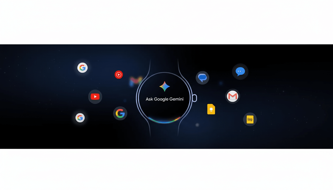A Google Pixel Watch displaying Ask Google Gemini with various Google app icons floating around it on a dark, starry background, resized to a 16:9 aspect ratio with a white border.