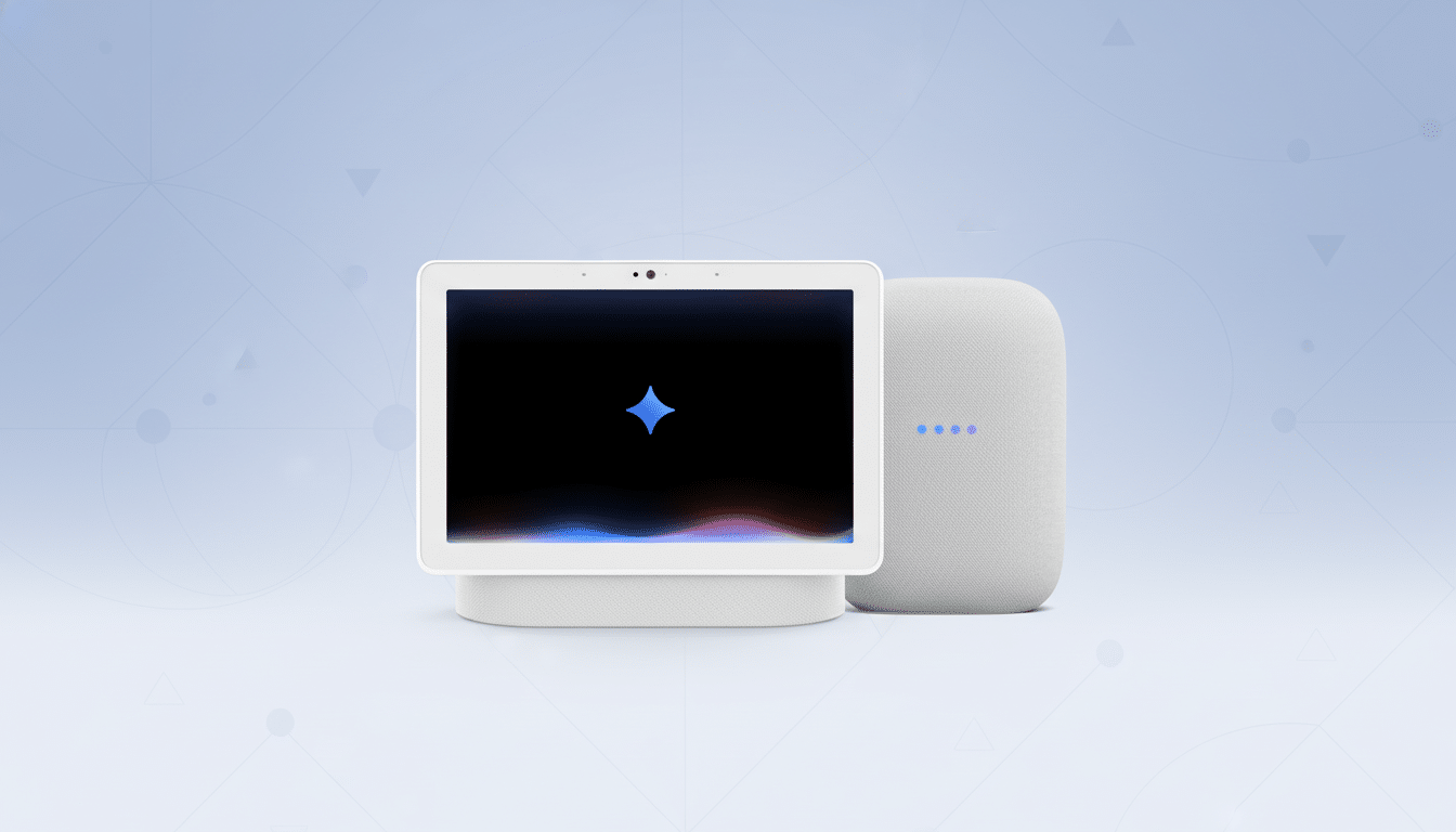 A Google Nest Hub and a Google Nest Audio speaker are displayed on a light blue background with subtle geometric patterns.