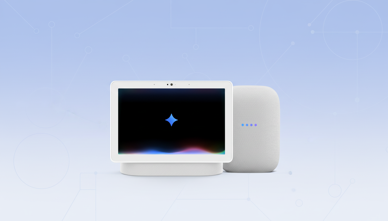 A Google Nest Hub and a Google Nest Audio speaker on a light blue background with subtle geometric patterns.