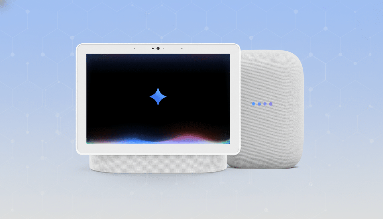 A Google Nest Hub and a Google Nest Audio speaker are displayed on a light blue background with a subtle hexagonal pattern.