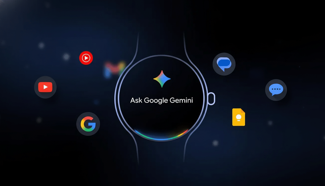 A Google Pixel Watch displaying Ask Google Gemini with various Google app icons floating around it on a dark background.