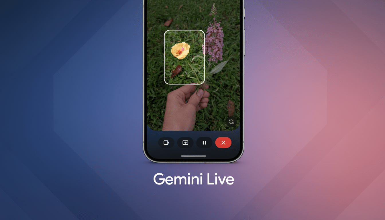 A smartphone displaying a video call interface, with a hand holding a yellow flower in the frame. The phone is centered against a professional gradient background with the text Gemini Live below it.
