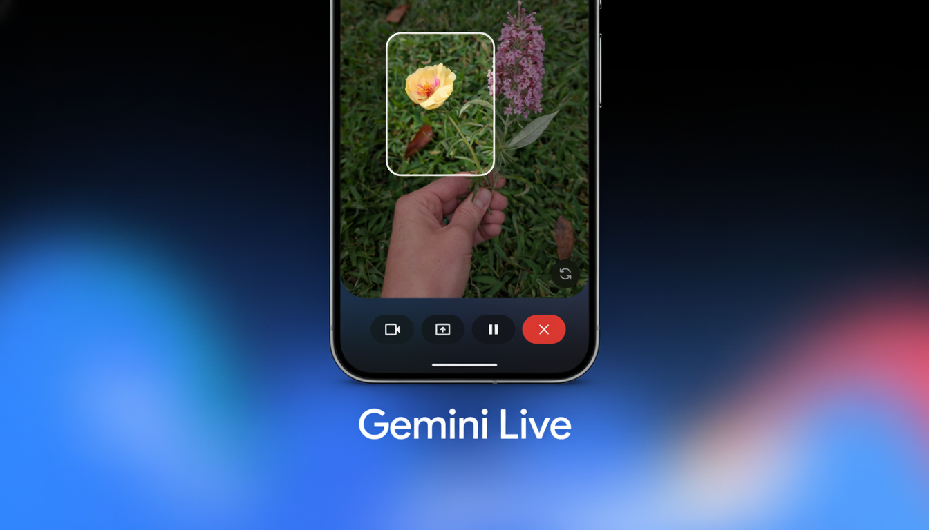 A smartphone displaying a video call interface with a hand holding a yellow flower, set against a blurred background with Gemini Live text.